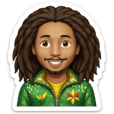 Bob Marley with long dark brown hair, olive sequin outfit sticker