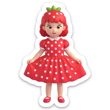 Little girl in red dress with white polka dots and strawberry on the right side of her head sticker