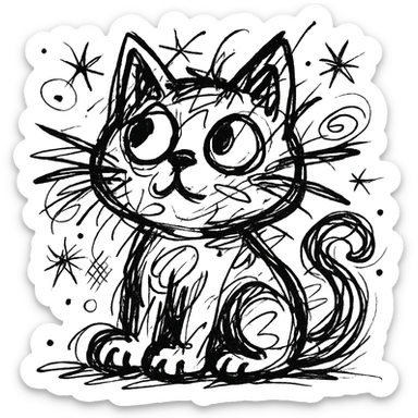 chaotic outlined icon of a cute kitten sitting and looking up, with wild scribbled lines sticker