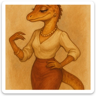 anthropomorphic lizard lady, mature and alluring, wearing a blouse and skirt, graceful posture, long lashes, tasteful accessories, warm color palette sticker