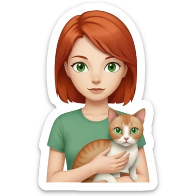 redhaired woman holding a siamese cat, greenish gray eyes, green t-shirt, layered hairstyle, 4k sticker
