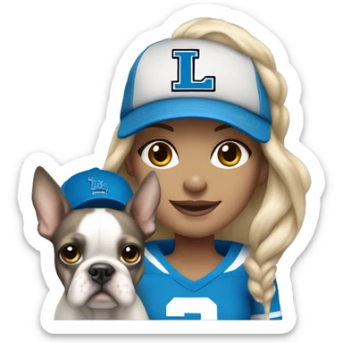 Agirl with shoulder length blond hair wearing a Detroit Lions hat and holding in her arms a gray and white Boston terrier sticker