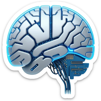A semi-transparent robotic brain with glowing microchips and intricate circuit patterns inside, futuristic and sleek design, neon blue highlights, digital style sticker