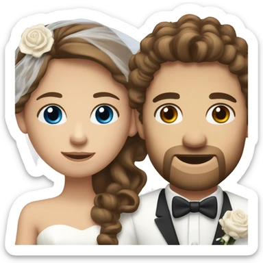 White couple on their wedding day, girl has long brown hair in curls and hazel eyes. Man has short brown hair and blue eyes sticker