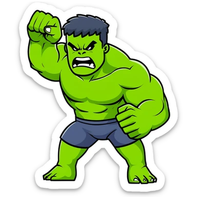Hulk smashing with fists raised, green muscular superhero breaking ground, action pose, dynamic movement, angry expression sticker