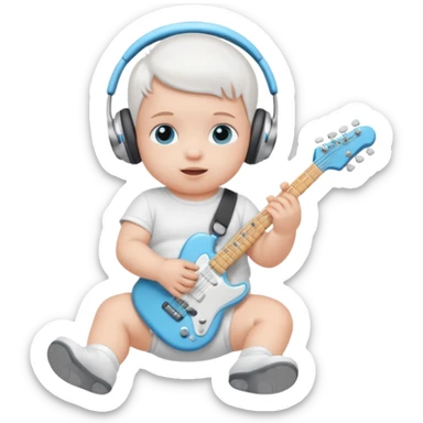 a cute baby in a white diaper and air pod max silver headphones playing a baby blue electric guitar sticker