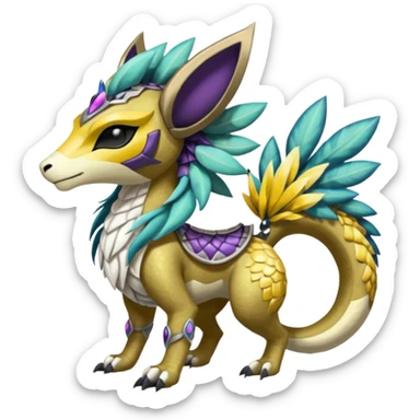 Colorful masked armored leathery scaly furry medieval Meloetta-Manectric-Solgaleo-Raikou-Pokémon-Digimon-Fakémon-fusion-hybrid-creature sticker