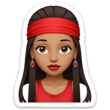 light-skinned black girl with long eyelashes with long strait dark brown hair with edges wearing a red top with no sleeves. and a red accessory on her head with nose and mouth piercings. sticker