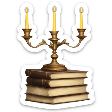 Vintage candelabra with stack of old books behind sticker