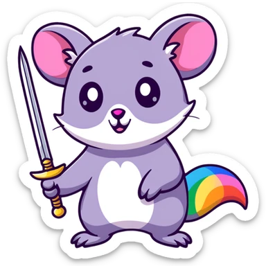 A colorful possum holding a glittery sword, rainbow sparkles, vibrant neon colors, cute big eyes, with stars and hearts background sticker