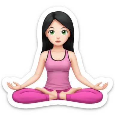 Girl with long black hair with green eyes doing yoga with pink clothes sticker
