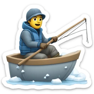 Fisherman in winter gear driving a boat on a slushy lake, pushing through ice. Apple style, side view, focused expression, blue, gray, white palette. sticker