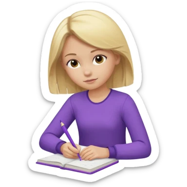 girl sitting, writing in a notebook, blond hair, dressed in purple clothes sticker