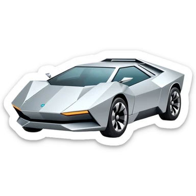 A futuristic chrome car emoji, sharp geometric body design inspired by cybertruck aesthetics, smooth silver metallic surface, matte and glossy chrome mix, minimal details, soft reflections, clean edges, iOS emoji style, centered, clean white background, soft studio lighting, no text sticker