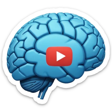 Minimalist flat icon design, brain silhouette with YouTube play button triangle integrated inside, clean vector style, single color or gradient, simple lines, professional logo style, white background, centered composition sticker