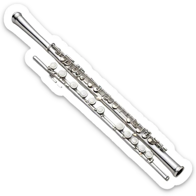 Cinematic Realistic Flute, polished silver metal with precise keywork, soft reflections of warm light dancing along its length, a musician’s delicate fingers pressing the keys, glowing with a sleek and elegant charm. sticker