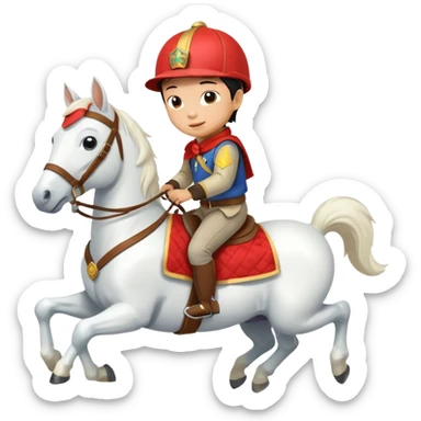 A Chinese little boy is riding a cute white small horse, and the horse is running. The blanket on the saddle says ‘2026.’  (2026 MUST HAVE) 。 sticker