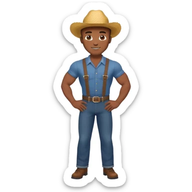 Adult male, brown skin, muscular, confident grin, slightly provocative stance, hands on hips, assertive energy, clearly distinct from Black and Farmer roles sticker
