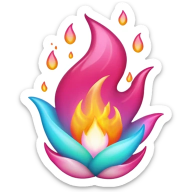 Floating hyper-realistic magenta-pink-white-cyan-gradient ember-flame sticker