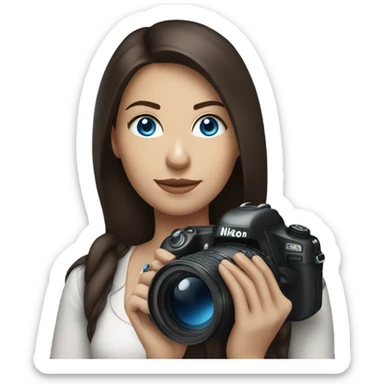 Portrait of woman with blue eyes and dark brown hair holding a nikon camera sticker