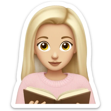 Pretty hazel eyed white girl with light pink sweater reading cozy sticker