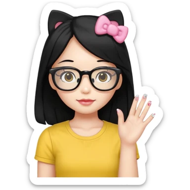 Nails cute with hello kitty wear glasses black long  hair wear, yellow shirt sticker