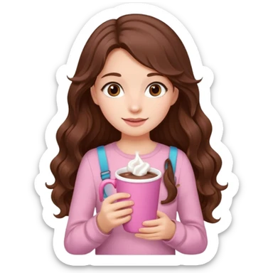 menina branca com cabelos castanhos longos ondulados com xícara rosa na frente com chocolate quente, com blusa de alça fina sticker