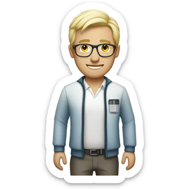 a male pharma employee, full body, dressed with short white jacket. blonde hair with glasses sticker