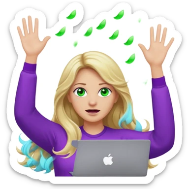 lady with long wavy blonde hair, purple top, green eyes, throwing her with a purple mac laptop hands in the air crying sticker