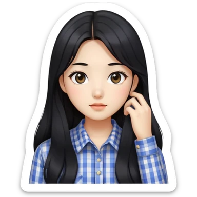 Beautiful girl,Black hair,long hair,Black eyes,Korean, check pattern shirts sticker