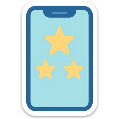 Smartphone icon with three stars inside the screen, flat emoji style, outline with blue and turquoise colors, white background sticker