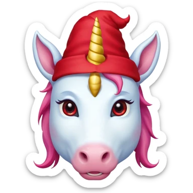 unicorn face cute wearing cute red hat, horn piercing through the hat looking in the camera sticker