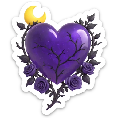 gothic heart, rich purple glass, silver crescent moon, black roses, shimmering stardust, lightning bolt effect, rain-soaked look, cracked glass texture sticker