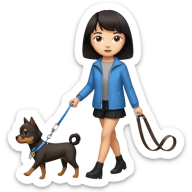 dark brown short haired girl walking a black haired girl with bangs on a dog leash sticker