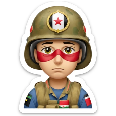 Tired Iraqi soldier wearing helmet with Iraqi flag, sad expression, half open eyes and bags under eyes, reflecting fatigue and pain sticker