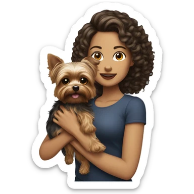 white women with curly medium length brunette hair, holding a yorkie dog sticker