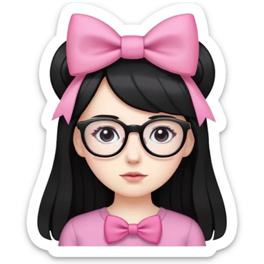 Pale white skin, long black hair, wearing a pink bow on the side of her hair, black eyes, wearing a black shirt, wearing glasses sticker