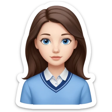 Realistic Student Portrait, with porcelain-like skin featuring a natural rosy flush, iHer Brunette Half-Up Style for Straight  hair flows in soft, Her deep blue eyes radiate warmth and innocence,  wear light blue preppy style. sticker