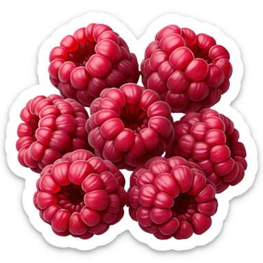 small cluster of whole dried raspberries with deep red to burgundy tones, wrinkled surfaces, hollow airy centers, matte slightly crisp texture, natural irregular shapes, no bowl or extras, soft lighting, subtle shadows, emoji scale sticker