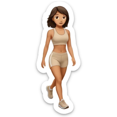 Brunette walking in scenic route in beige gym wear sticker