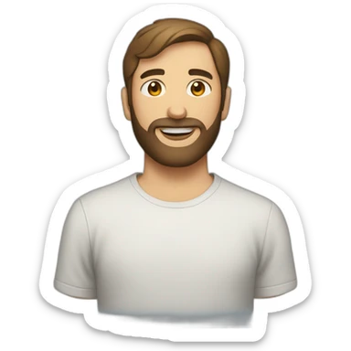 man with brown short hair and short beard wearing a t-shirt with the word escutai sticker