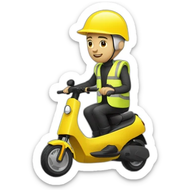 bald man with a yellow cycling helmet on a black xiaomi e-scooter whearing a yellow safety vest sticker