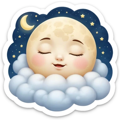 Cinematic adorable moon with a sleepy face, round and chubby, soft glowing light, tiny rosy cheeks, resting on a bed of fluffy clouds, dreamy and peaceful. sticker
