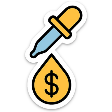 colored icon of a pipette at the top of a golden drop with a dollar sign inside the drop sticker