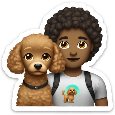 white woman with straight dark hair and a mixed race man with curly hair holding a toy poodle light brown color sticker