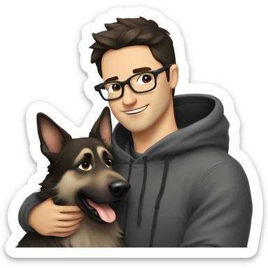a handsome guy (dark brown hair, grey colour eyes, thin stylish black glasses, hoodie) hugging a dog (grey colour german shepherd) sticker