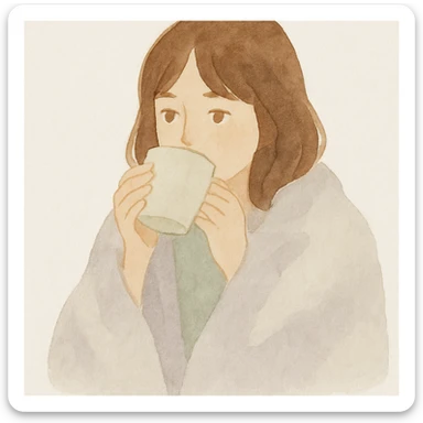 girl with brown hair and light brown eyes drinking coffee from a cup, wrapped in a blanket, watercolor style sticker