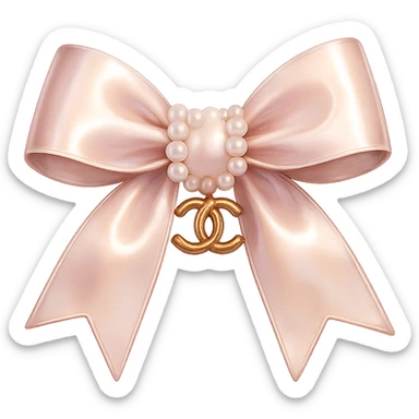 Remove the background, keep only the elegant bow with pearls and gold Chanel logo, glossy, pastel colors, realistic style, with no background. sticker