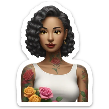 Hyper Realistic beautiful woman model with a small rose tattoo arranging flowers in a vase sticker