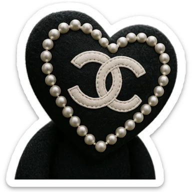 Chanel heart with pearls, plush portrait style, soft and luxurious, black and white sticker